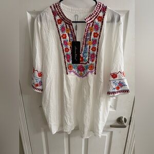 Laura Klein Embroidered White Top with Multicolor Accents